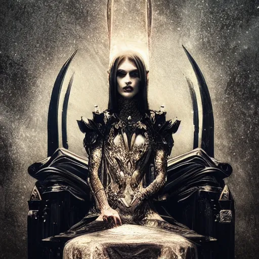 Prompt: vampire queen portrait , sitting on intricate throne, fantasy, dystopian, burning halo, intricate artwork by Guy Denning and Anna Dittmann very coherent artwork, cinematic, hyper realism, high detail, octane render, unreal engine, 8k, Vibrant colors, Smooth gradients, High contrast, depth of field,