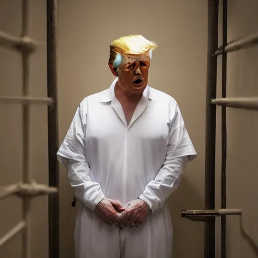 Image similar to donald trump in a prison cell wearing prison jumpsuit, photography, 4k