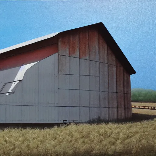 Image similar to exterior view of modern futuristic farm barn architecture, silo, feed troughs, cows, pigs, chickens, detailed luminescent oil painting 4 k