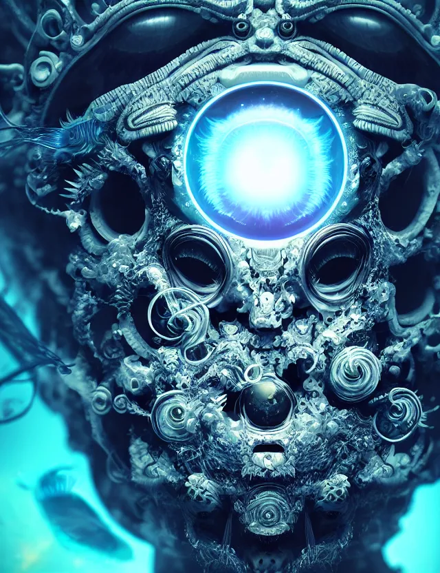 Image similar to eye of god macro close - up portrait with mask made of ram skull. betta fish, jellyfish phoenix, bioluminiscent, plasma, ice, water, wind, creature, super intricate ornaments artwork by tooth wu and wlop and beeple and greg rutkowski