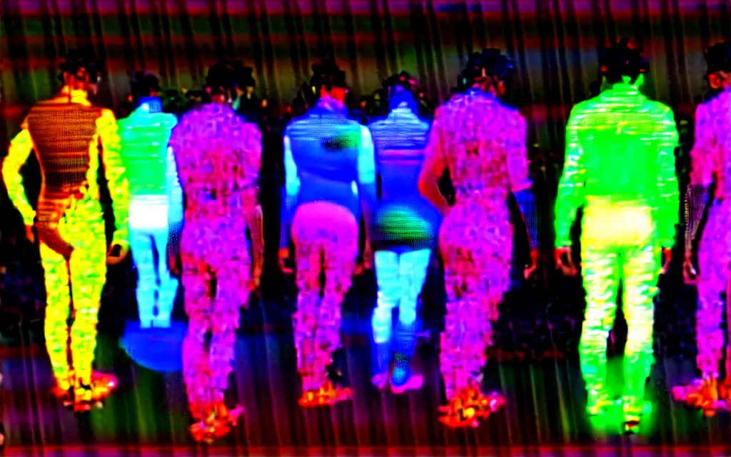 Image similar to love, diverse neon cybersuits, from behind, wide wide angle, vivid, elaborate, highly detailed, beautiful lighting