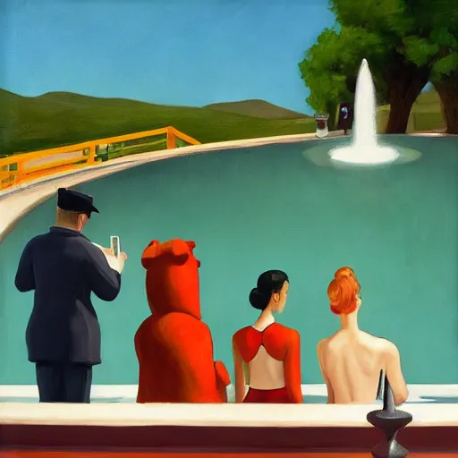 Image similar to a fine art painting of the ingame mascots from planet coaster in a water fountain with planet coaster in view in the style of edward hopper and wes anderson.