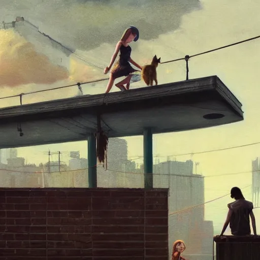 Prompt: girl and cat on a roof, moment, cyberpunk elevated train, electronic billboards, tech noir, wet reflections, atmospheric, ambient, livia prima, greg rutkowski, edward hopper, pj crook