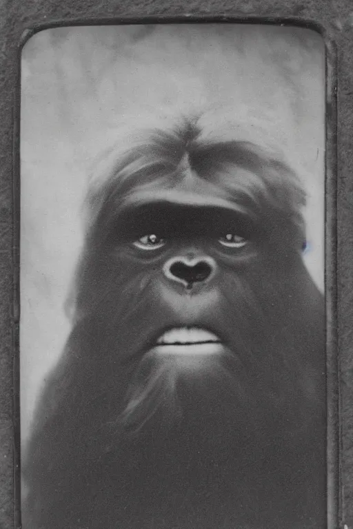 Prompt: a tintype photograph of bigfoot smiling