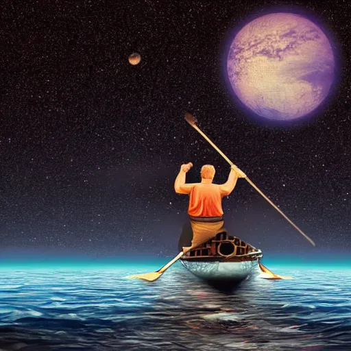 Prompt: A man rowing a boat through space, there are stars all around, photorealistic.