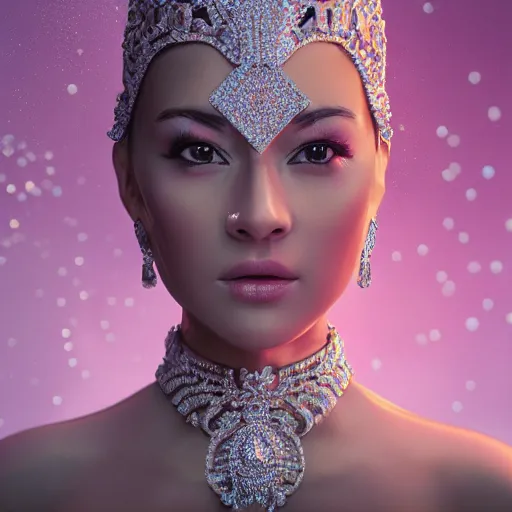 Image similar to portrait of wonderful princess of diamond with fair skin, ornate with diamonds, 8 k, gorgeous, intricate, detailed, glowing white accent lighting, dramatic lighting, octane render