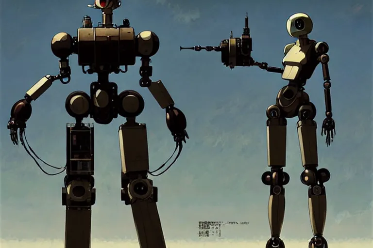 Image similar to dieselpunk, hugh humanoid robot, painted by greg rutkowski makoto shinkai takashi takeuchi studio ghibli, akihiko yoshida