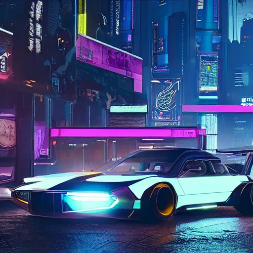 Prompt: futuristic carmeet in night city from cyberpunk 2 0 7 7, realistic