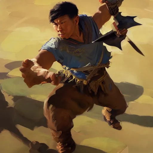 Image similar to greg manchess portrait of a filipino fighter dropping his sword, organic painting, sunny day, matte painting, bold shapes, hard edges, street art, trending on artstation, by huang guangjian, gil elvgren, ruan jia, randy vargas, greg rutkowski