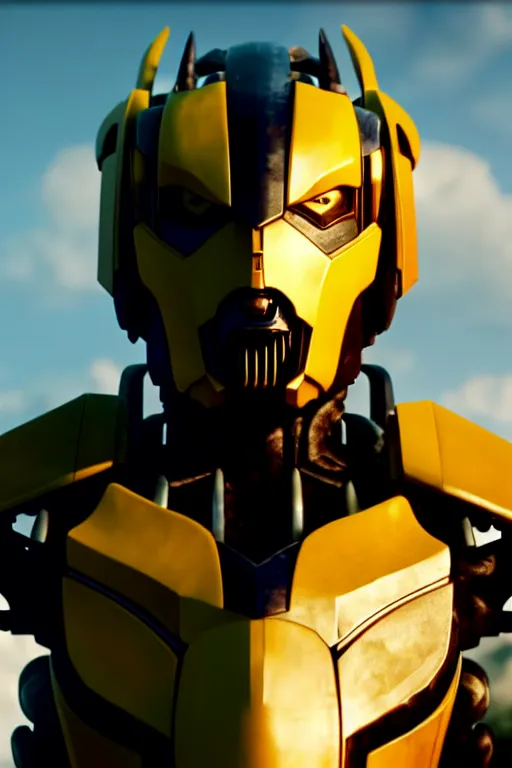 Image similar to a cinematic still from westworld, bumblebee, octane render, nvidia raytracing demo, masterpiece, aged armor plating, aggressive head,