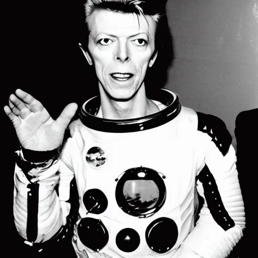 Prompt: David Bowie wearing a spacesuit at a party. Candid photo, flash, 1966, 35mm, by Andy Warhol.