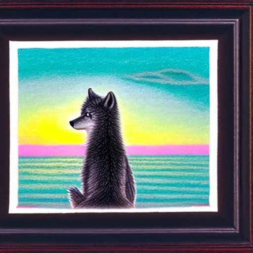 Image similar to rear view of fluffy baby grey wolf sitting on the shore of a pond looking out at the sunset, colored pencil on white background by eloise wilkin