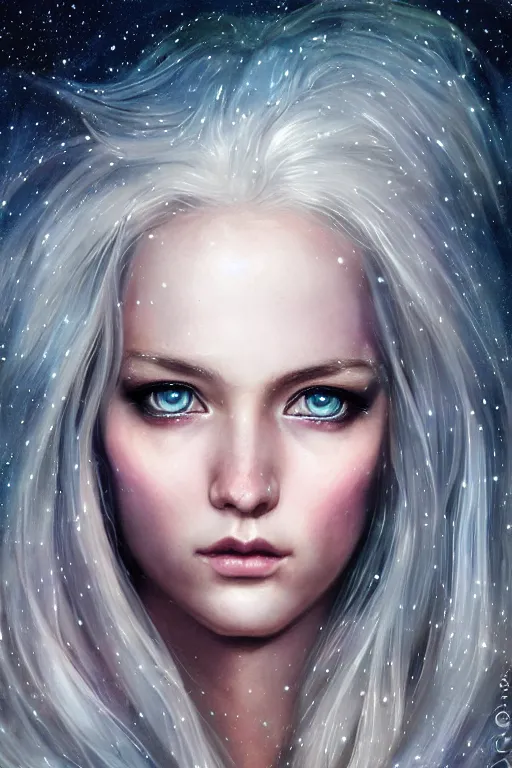 Prompt: Norse blonde goddess of glitter character portrait, lean face, cinematic lighting, hyper-detailed, cgsociety, blue eyes, 8k, high resolution, in the style of Charlie Bowater, Tom Bagshaw, alan lee, single face, symmetrical, headshot photograph, insanely detailed and intricate, beautiful, elegant, watercolor, cinematic, portrait, Raphaelite, headroom, artstation, Pierre-Auguste Renoir
