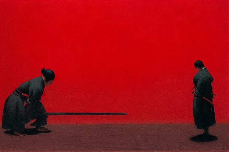 Image similar to only with red, a red samurai harakiri, tokio, a lot of frogs watch, in the style of beksinski, parts by edward hopper, parts by rodcenko, parts by yue minjun, intricate and epic composition, red by caravaggio, insanely quality, highly detailed, masterpiece, red light, artstation, 4 k