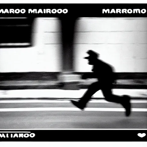 Prompt: mario running from the cops, cctv camera footage, camera footage, blurry camera footage, black and white