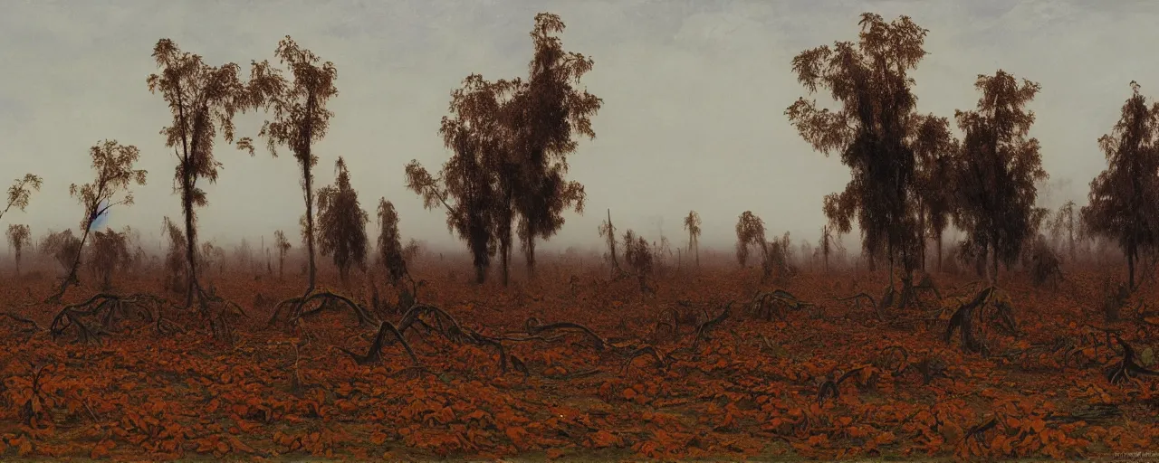 Prompt: a large pumpkin patch vines surrounded by dead trees spooky fog shrouded landscape, fall, matte painting, by Isaac Levitan and Vasily Perov