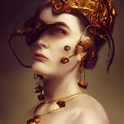 Image similar to A masterpiece portrait of a Incredibly beautiful futuristic high fashion queer model girl with A large luxurious Victorian amber skull necklace. Rococo silk and lace dress. trending on artstation, digital art, by Stanley Artgerm Lau, WLOP, Rossdraws, James Jean, Andrei Riabovitchev, Marc Simonetti, Yoshitaka Amano