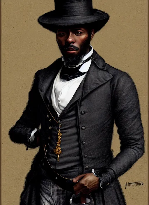 Image similar to 3 / 4 view of a portrait of a black man in victorian clothing, confident pose, intricate, elegant, sharp focus, illustration, highly detailed, concept art, matte, trending on artstation, anime, art by james jean and artgerm and brian despain and alberto mielgo, greg rutkowski, wlop, ilya kuvshinov, strong strokes