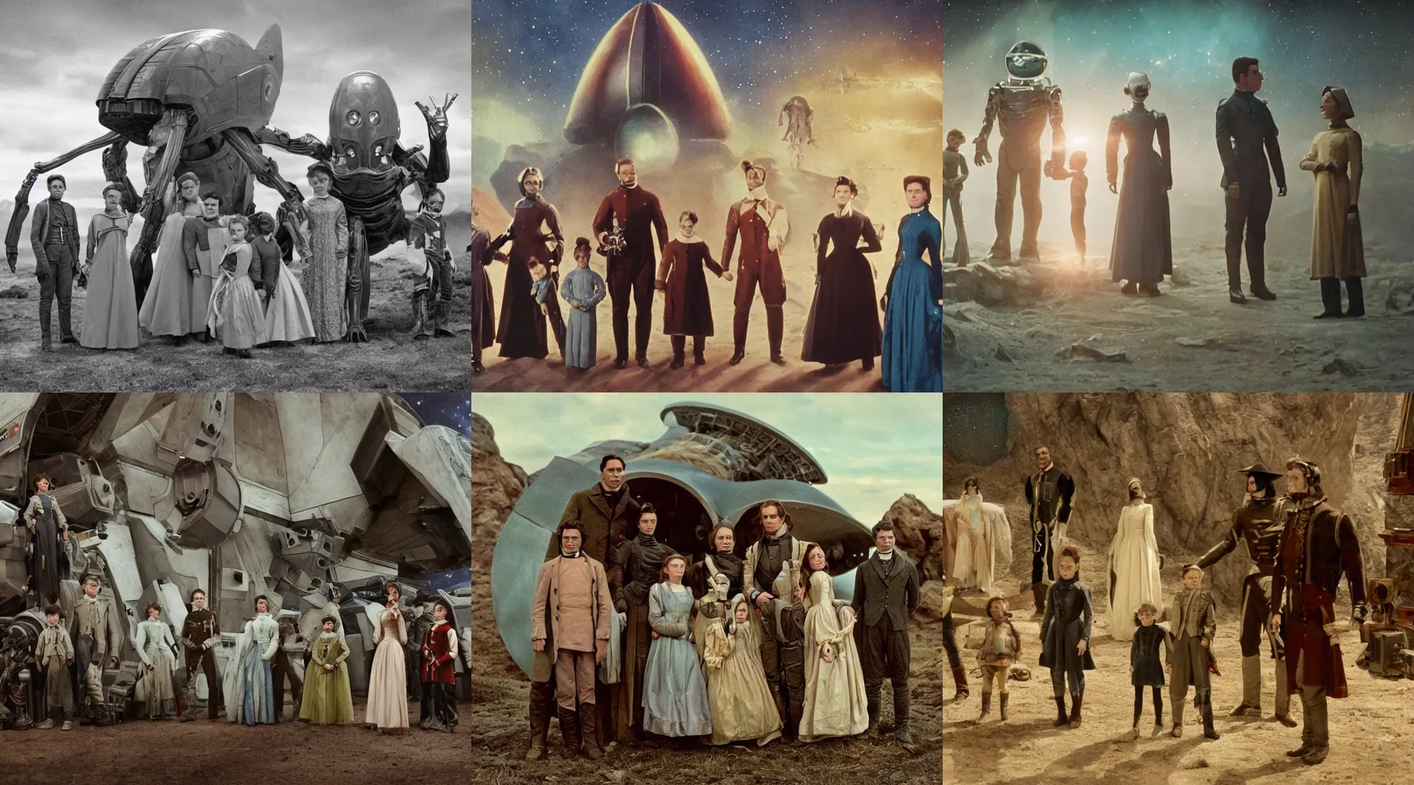 Prompt: 16k film still from a sci fi blockbuster color movie made in 2022, set in 1860, of a family standing in front of a spaceship that has just landed on an alien planet, a humanoid alien creature stands nearby, the family are all wearing 1850s era clothes, cinematic lighting, cinematic camera, human faces, extremely good lighting, good photography, 35mm macro lens, winner of seven oscars
