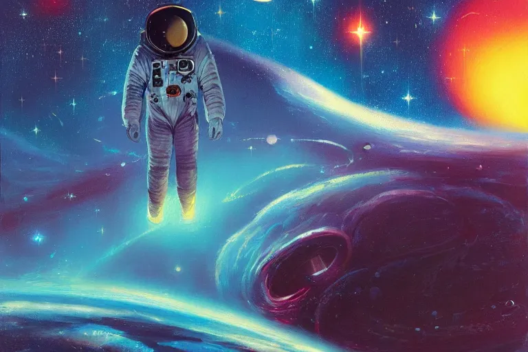 Prompt: digital painting of an astronaut floating in space, by paul lehr and vincent di fate, detailed, intricate, sharp focus, science fiction, futurism, fantasy, neon lights, galaxies, stars, supernova, black hole, galaxy, planet, void, artstation, cinematic lighting