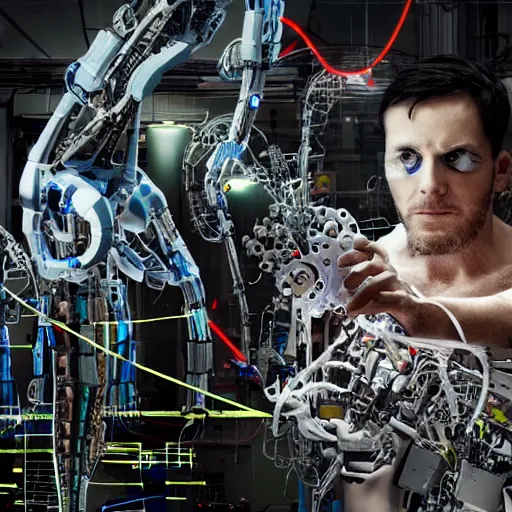 Image similar to a man trapped in a cyborg repair factory, being dissembled by robotic arms, all around are body parts, circuit boards, wires, biomech,, panavision