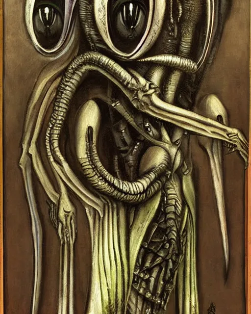 Prompt: a painting of a strange creature by h. r. giger