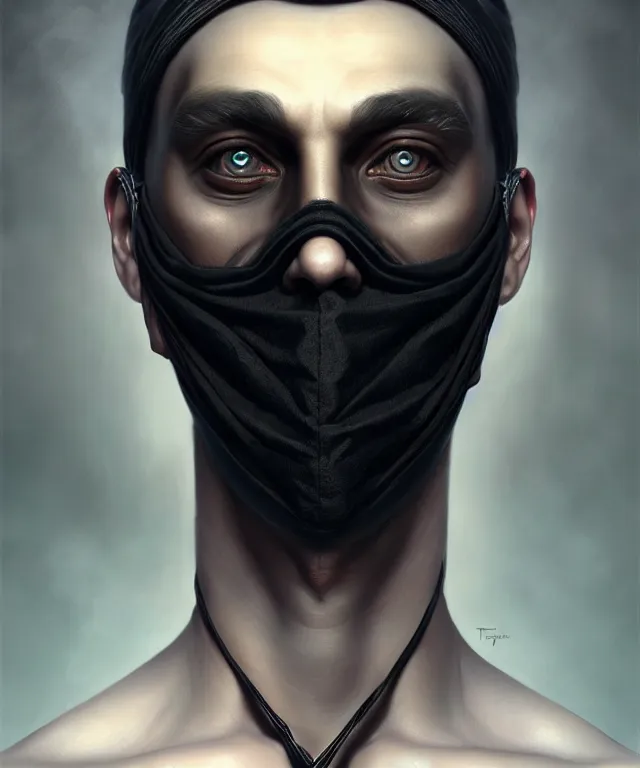 Image similar to man with black fabric mask, highly detailed face!!!, true anatomy!, extremely detailed!, digital painting, unreal engine 5, art by tom bagshaw