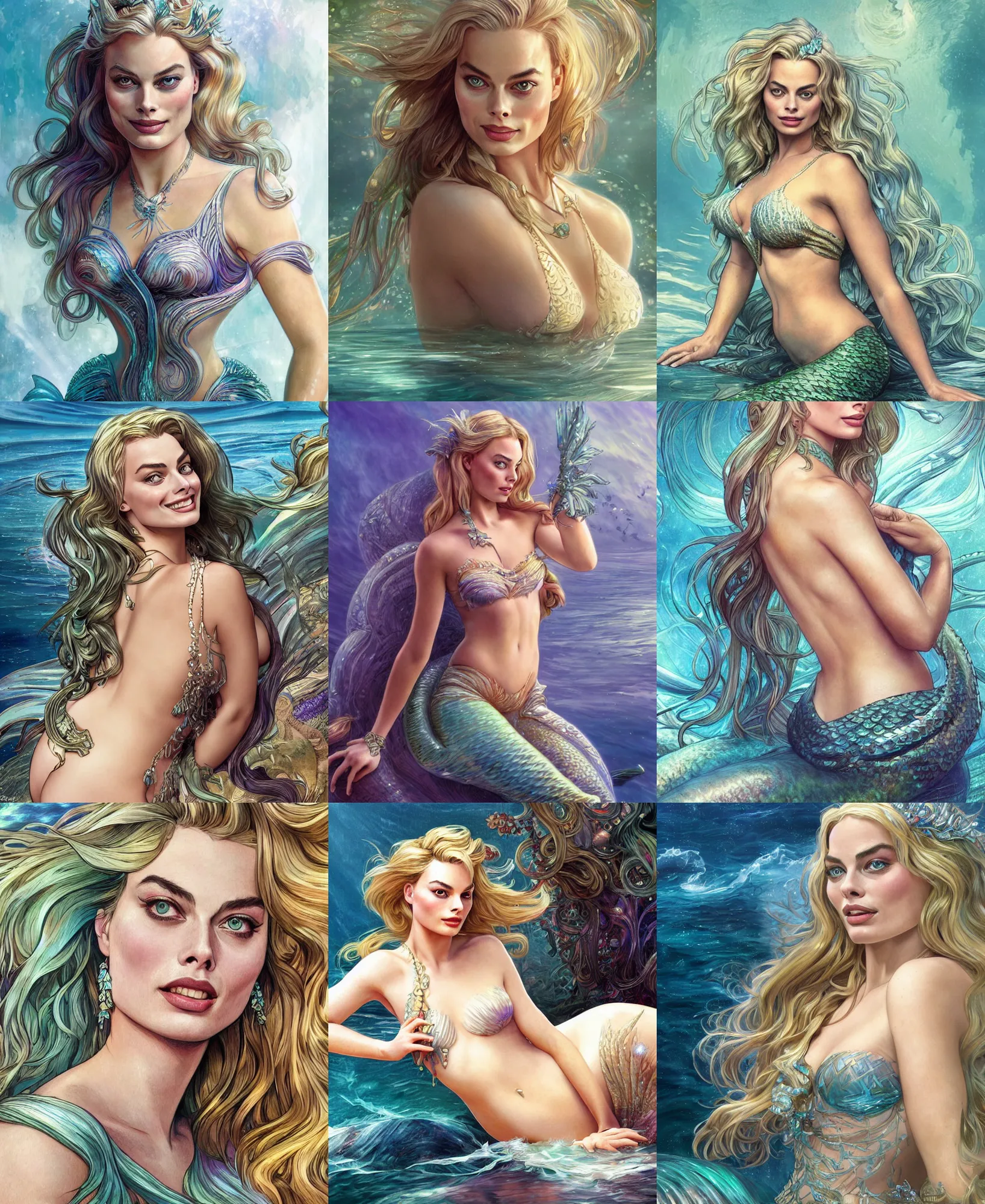 Prompt: Margot Robbie as a Mermaid, cute, fantasy, intricate, elegant, highly detailed, digital painting, 4k, HDR, concept art, smooth, sharp focus, illustration, art by artgerm and H R Giger and alphonse mucha