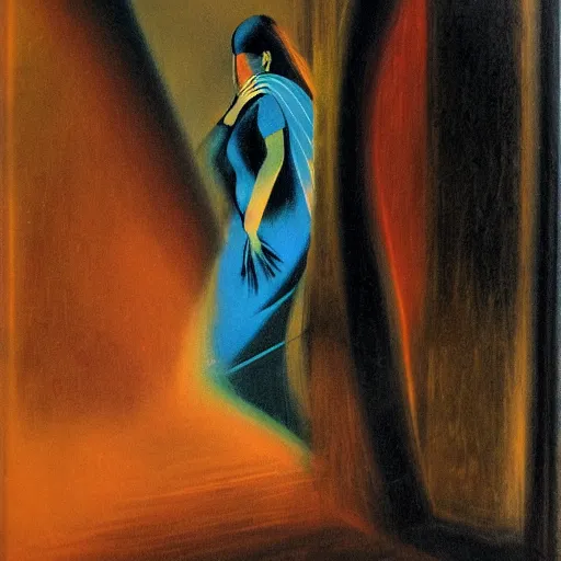 Prompt: a gust of night pushed its way in the door, by jack gaughan, oil on canvas