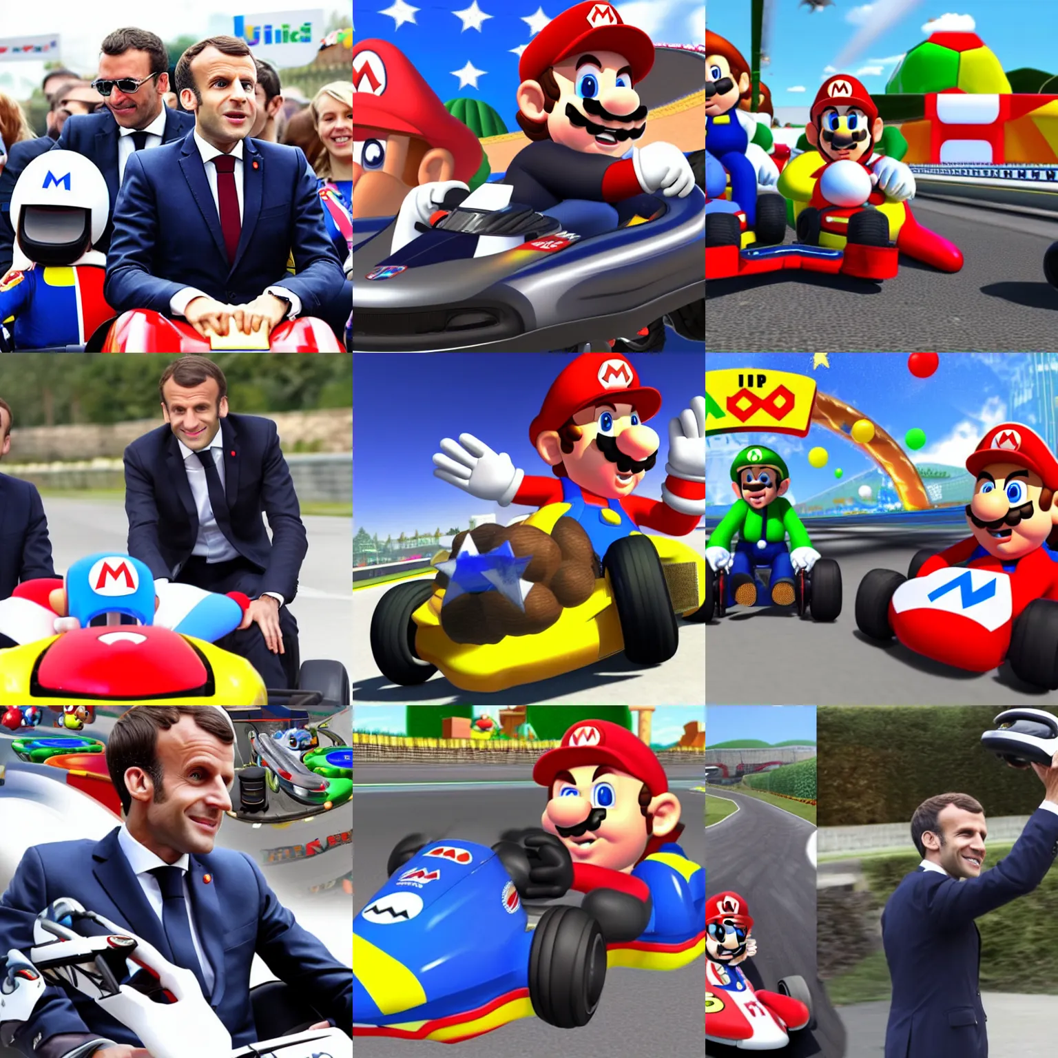 Prompt: Emmanuel Macron in Mario Kart