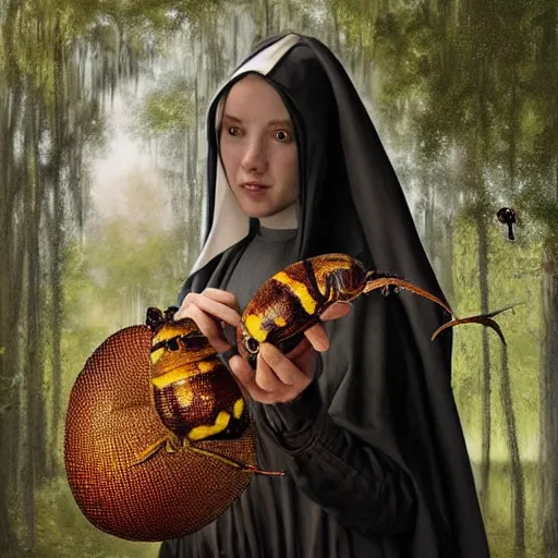 Image similar to A masterpiece portrait of a Incredibly beautiful maid barique renaissance swamp nun girl holding very beautiful big shiny king beetle. hunting on deer with russian greyhound medium shot, intricate, elegant, highly detailed. trending on artstation, digital art, by Stanley Artgerm Lau, WLOP, Rossdraws, James Jean, Andrei Riabovitchev, Marc Simonetti, Yoshitaka Amano. background by James Jean and Gustav Klimt, light by Julie Bell, 4k, porcelain skin.