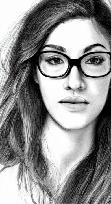 Prompt: highly detailed pencil sketch portrait of a beautiful woman with nerdy eyeglasses