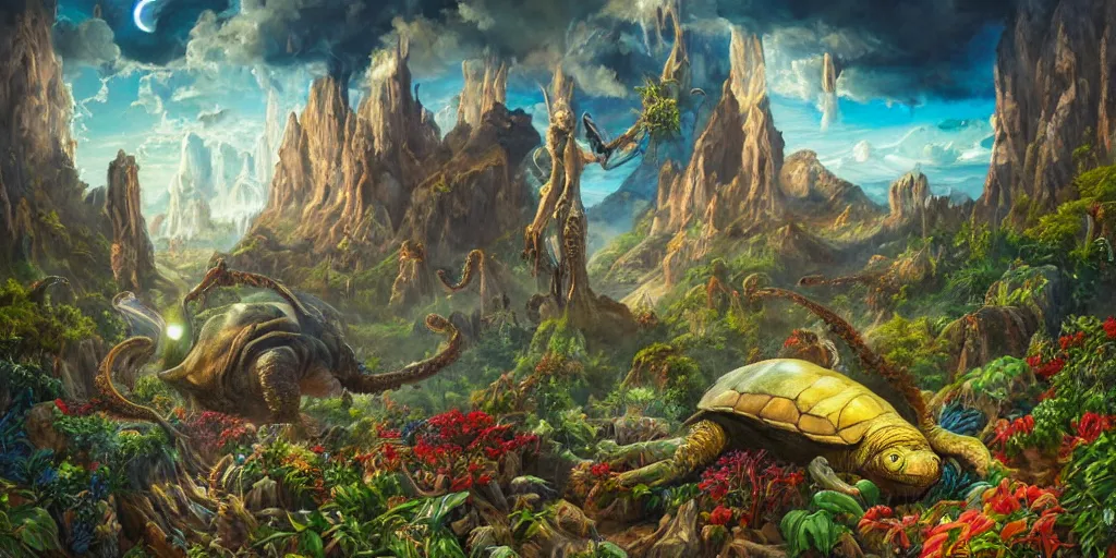 Image similar to fantasy oil painting, great leviathan, cybernetic turtle cephalopod terrapin reptilian pachyderm squid, bella hadid, hybrid, milla jovovich, anubis, epic natural light, lush plants flowers, spectacular mountains, bright clouds, luminous sky, outer worlds, golden hour, michael cheval, edward hopper, michael whelan, vray, hd