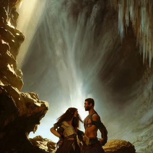 Image similar to an extremely detailed matte painting of a throuple dancing in a cavern behind a waterfall, epic fantasy, viewed in profile from far away, sharp focus, detailed face, art by greg rutkowski and alphonse mucha, volumetric lighting, 4 k resolution, trending on artstation, masterpiece