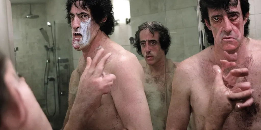 Image similar to david naughton, as david kessler from an american werewolf in london, looks at himself in a bathroom mirror to see his reflection as a monstrous wolf man, hyperreal, rick baker makeup