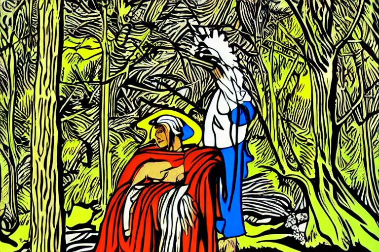 Prompt: a shaman in the forest, by roy lichtenstein, illustation, art nouveau, 8 k, extreme detail, sharp focus