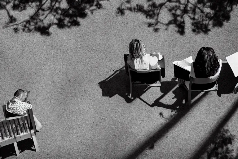 Prompt: A photograph of two benches in a clearing, a woman sitting on one of the benches reading a book, looking down from above,black and white photo.ISO200,F4.5,80mm,1/30,Nikon D3.