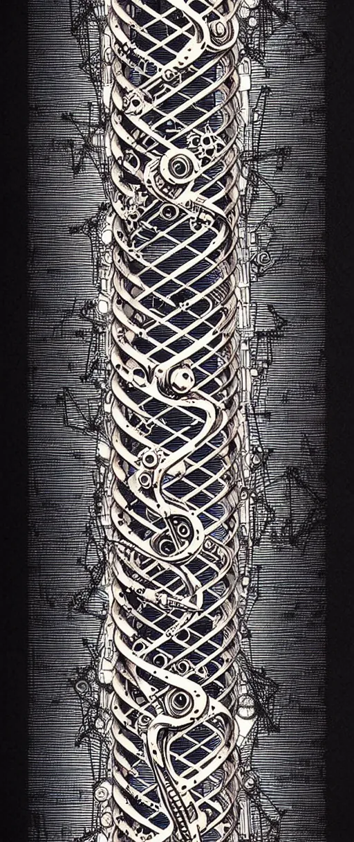 Image similar to a double helix dna cyberpunk steampunk etched pillar, high details, bold line art, by vincent di fate and joe fenton, inking, screen print, masterpiece, trending on artstation, sharp, high contrast, hyper - detailed,, hd, 4 k, 8 k