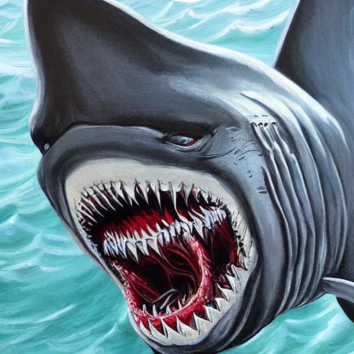 Image similar to detailed painting of a terrifying shark dressed as a police officer, nightmare, lapd