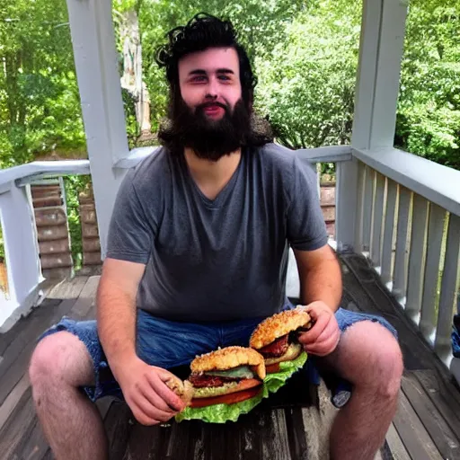 Image similar to heavy 2 0 year old, messy black hair, big beard, eating burgers, chicken nuggets, back porch table