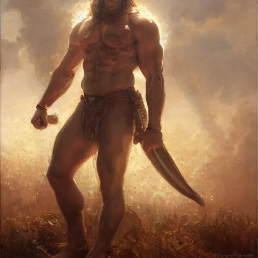 Image similar to handsome portrait of a spartan guy bodybuilder posing, radiant light, caustics, war hero, rainfall, by gaston bussiere, bayard wu, greg rutkowski, giger, maxim verehin
