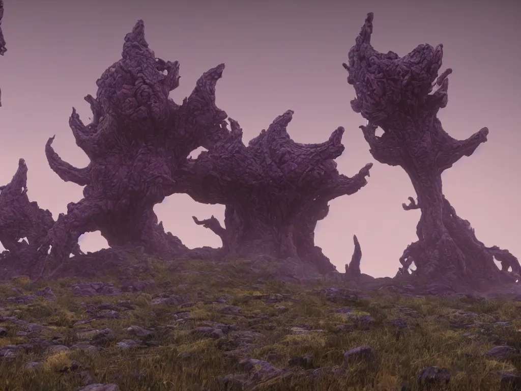 Image similar to a grotesque alien landscape, purple sky and weird alien structures, cinematic, unreal engine 5