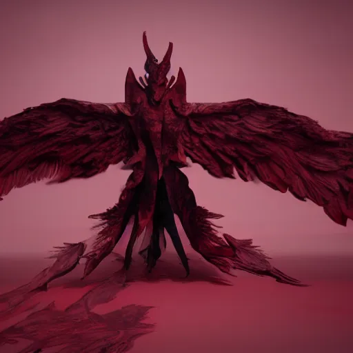 Image similar to abstract shadow demon with wings red hunter eyes, highly realistic photo realistic octane render blender highly detailed 8 k