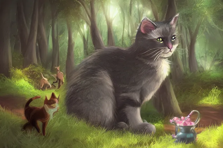 Image similar to cat in the forest, frontlighting, digital art, trending on artstation, fanart, by kawacy