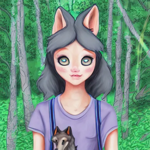 Image similar to Beautiful portrait drawing of an anthro anthropomorphic mint-wolf, wearing a cute pastel t-shirt, in Summer, at a forest. digital art