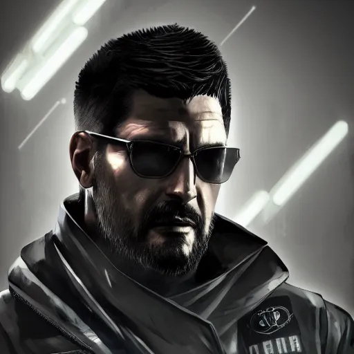 Image similar to Adam Jensen from Deus Ex as a GTA character, by Cedric Peyravernay, highly detailed, hyperrealism, excellent composition, cinematic concept art, dramatic lighting, trending on ArtStation