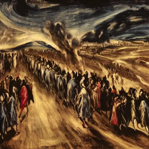 Prompt: A A Holy Week procession of souls in a Spanish landscape at night by El Greco.