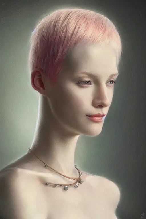 Image similar to “Portrait of a beautiful pale skin Nordic female with short pink hair, elegant, photorealistic, highly detailed, artstation, smooth, sharp focus, gold ornaments, neon lighting, sci-fi, art by Klimt.