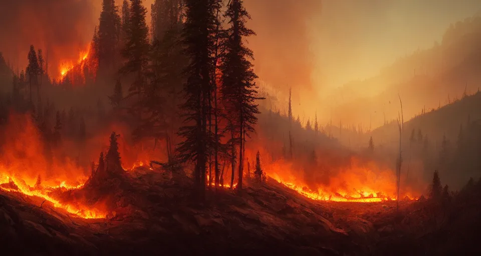 Image similar to landscape, intense forest fire with a burning castle, dramatic lighting, cinematic, by WLOP, eddie mendoza, simon stålenhag, raphael lacoste, extremely high detail, photo realistic, cinematic lighting, post processed, concept art, trending on artstation, matte painting