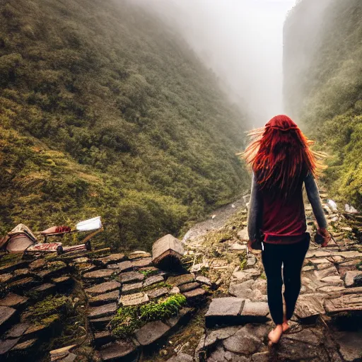 Image similar to define the character of a beautiful girl, messy long red hair, messy wet grey tribal clothes, short torn up pants, she is walking on a mountain and we see down in a deep valley a very poor old shanti town with wooden ruins, medieval time, heavy rain, late at night, mist, cinematic, 8 k,